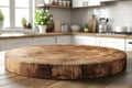 Empty round wood tabletop counter on interior in clean and bright kitchen background Royalty Free Stock Photo