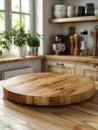 Empty round wood tabletop counter on interior in clean and bright kitchen background Royalty Free Stock Photo