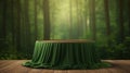 Empty round wooden table and green curtain in green forest background, product display template created with Generative AI Royalty Free Stock Photo