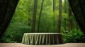 Empty round wooden table and green curtain in green forest background, product display template created with Generative AI Royalty Free Stock Photo