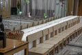 Empty row of wood children chairs in music room before celebration in music-hall waiting party Royalty Free Stock Photo