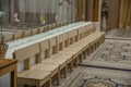 Empty row of wood children chairs in music room before celebration in music-hall waiting party Royalty Free Stock Photo