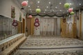 Empty row of wood children chairs in music room before celebration in music-hall waiting party Royalty Free Stock Photo