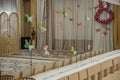 Empty row of wood children chairs in music room before celebration in music-hall waiting party