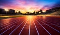 Empty Running Track in Stadium with Vibrant Sunset Sky, Inviting Atmosphere for Sports and Athletics Royalty Free Stock Photo