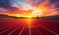 Empty Running Track in Stadium with Vibrant Sunset Sky Inviting Atmosphere for Sports and Athletics Royalty Free Stock Photo
