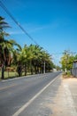 Empty rural road with fresh green trees on blue sky background Royalty Free Stock Photo