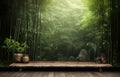 Empty rustic old wooden boards table copy space with bamboo plants forest in background. Product display template. Generative AI Royalty Free Stock Photo