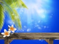 Empty rustic tabletop of free space  on blurred blue background with palm trees and blurred bokeh Royalty Free Stock Photo