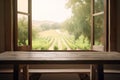 Empty rustic wood table in front of an open window with blurred background, ai generative illustration Royalty Free Stock Photo