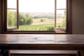 Empty rustic wood table in front of an open window with blurred country background, ai generative illustration Royalty Free Stock Photo