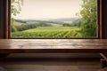 Empty rustic wood table in front of an open window with blurred vineyard, ai generative illustration Royalty Free Stock Photo