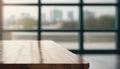 Empty rustic wood table in an office with blurred background, ai generative illustration Royalty Free Stock Photo