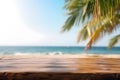 Empty rustic wood table in a tropical beauty island with palms and blurred background, ai generative illustration