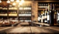 Empty rustic wood table in a wine shop with blurred bottles on background, ai generative illustration Royalty Free Stock Photo