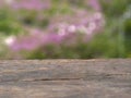 Empty rustic wooden table with blurred background of natural landscape.