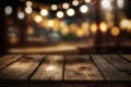 Empty rustic wooden table with blurred lights at background Generative AI