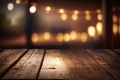 Empty rustic wooden table with blurred lights at background Generative AI