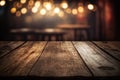 Empty rustic wooden table with blurred lights at background Generative AI