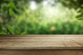 Empty rustic wooden table defocused green lush foliage background product display Generative AI