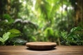 The empty rustic wooden table for product display with blur background of tropical jungle. Generative AI AIG30. Royalty Free Stock Photo