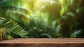 The empty rustic wooden table for product display with blur background of tropical jungle. Generative AI AIG30. Royalty Free Stock Photo
