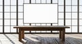 Empty Wooden Table in Front of Large Industrial Windows with Blank Screen furniture Royalty Free Stock Photo