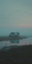 Empty Rv On Foggy Floodplain: Cinematic Still Shot Inspired By Sergei Parajanov