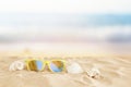 Empty sand beach, seashells and sunglasses in front of summer sea background with copy space Royalty Free Stock Photo