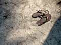 Empty sand stained brown sandals were taken off, on the sandy beach with dry pine leaves.