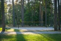 Empty sand volleyball court in public city park. Volleyball court with net in sunny day Royalty Free Stock Photo