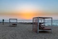 Empty sandy beach in Dubai with double sun beds, on new artificial Bluewaters Island Royalty Free Stock Photo