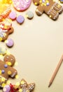 Empty Santa letter with Christmas traditional ginger cookies around it on wooden background. Christmas or New Year holiday