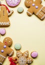 Empty Santa letter with Christmas traditional ginger cookies around it on wooden background. Christmas or New Year holiday