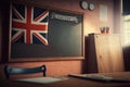 Empty school board with United Kingdom flag in classroom. The concept of learning English. AI generated Royalty Free Stock Photo