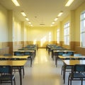 Empty school cafeteria with rows of tables and chairs under fluorescent lighting Royalty Free Stock Photo