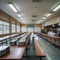 Empty School Cafeteria with Rows of Tables and Trays benches Royalty Free Stock Photo