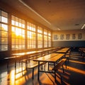 Empty School Cafeteria with Sunlight Streaming Through Large Windows tables benches Royalty Free Stock Photo