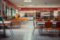 An empty school canteen with large windows and a row of tables and chairs Royalty Free Stock Photo