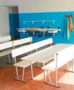 Empty school canteen with white tables and chairs Royalty Free Stock Photo