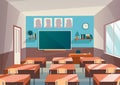 Empty school class room with board desk, shelf, books and clock. Educational concept classroom interior. Training room Royalty Free Stock Photo