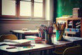 empty school classroom, with colorful and creative learning tools on the desks, including books, pencils and markers