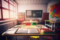 empty school classroom, with colorful and creative learning tools on the desks, including books, pencils and markers