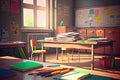 empty school classroom, with colorful and creative learning tools on the desks, including books, pencils and markers