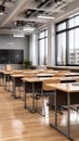Empty school classroom with desks and chairs set for use. The light and shadows create a welcoming back to school scene Royalty Free Stock Photo