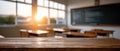 Empty school classroom with desks and chairs set for use. The light and shadows create a welcoming back to school scene Royalty Free Stock Photo