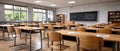 Empty school classroom with desks and chairs set for use. The light and shadows create a welcoming back to school scene Royalty Free Stock Photo