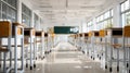 Empty school classroom with desks and chairs set for use. The light and shadows create a welcoming back to school scene Royalty Free Stock Photo
