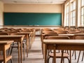 Empty school classroom with writing slats and wooden chairs. Generative AI Royalty Free Stock Photo