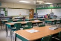 Empty school classroom with wooden desks and board. Generative AI Royalty Free Stock Photo